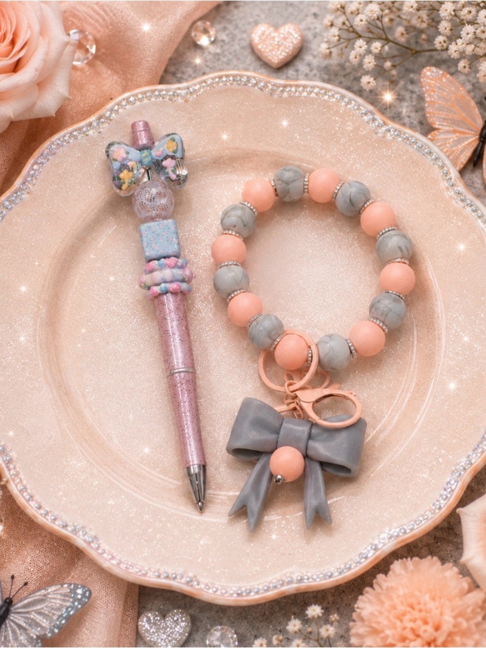 Handmade Pink & Gray Silicone Beaded Wristlet Keychain with Bow Charm & Pen